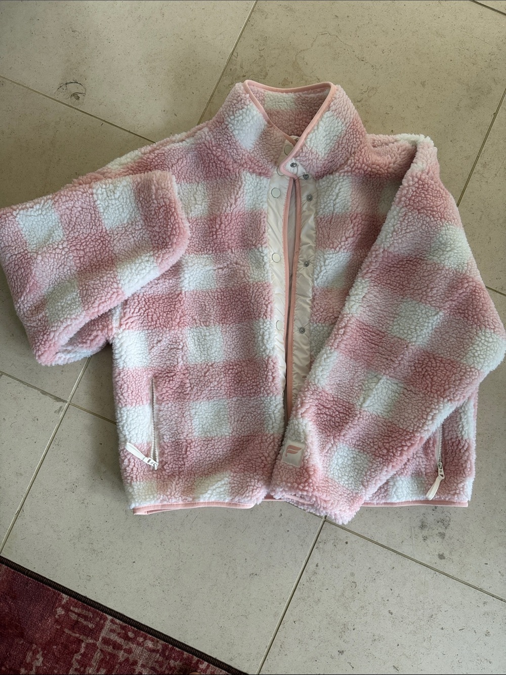 Fabletics Pink & White Checkered Sherpa Puffer Jacket